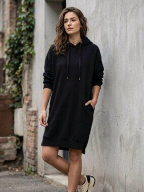 Nutexrol Hoodie Dress Oversized Fleece Black Small